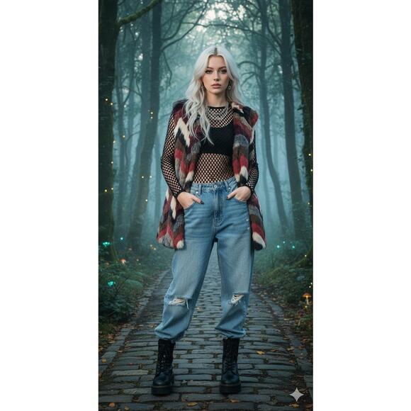 Joseph A Size L Y2K Chevron Print Faux Fur Warm Open Front Vest Aspen Chic - Picture 2 of 9